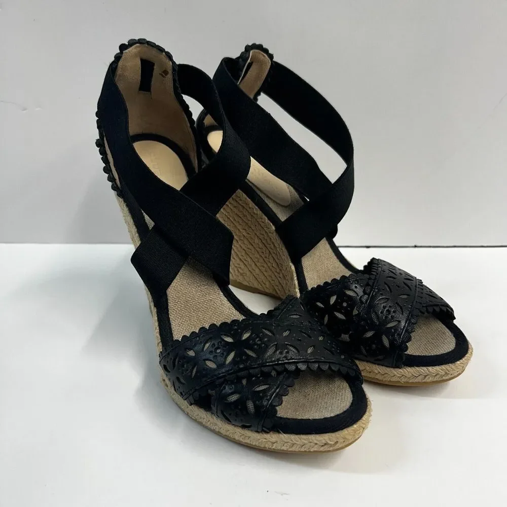 CLUB MONACO Llullo Wedge Sandals Espadrilles Size‎ 40 Black Leather NWOB